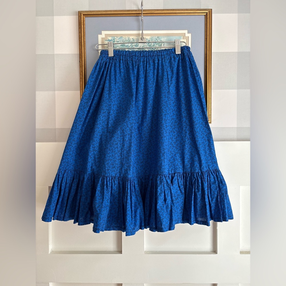 Vintage Ruffle Blue Midi Skirt with Ruffle Hem Small